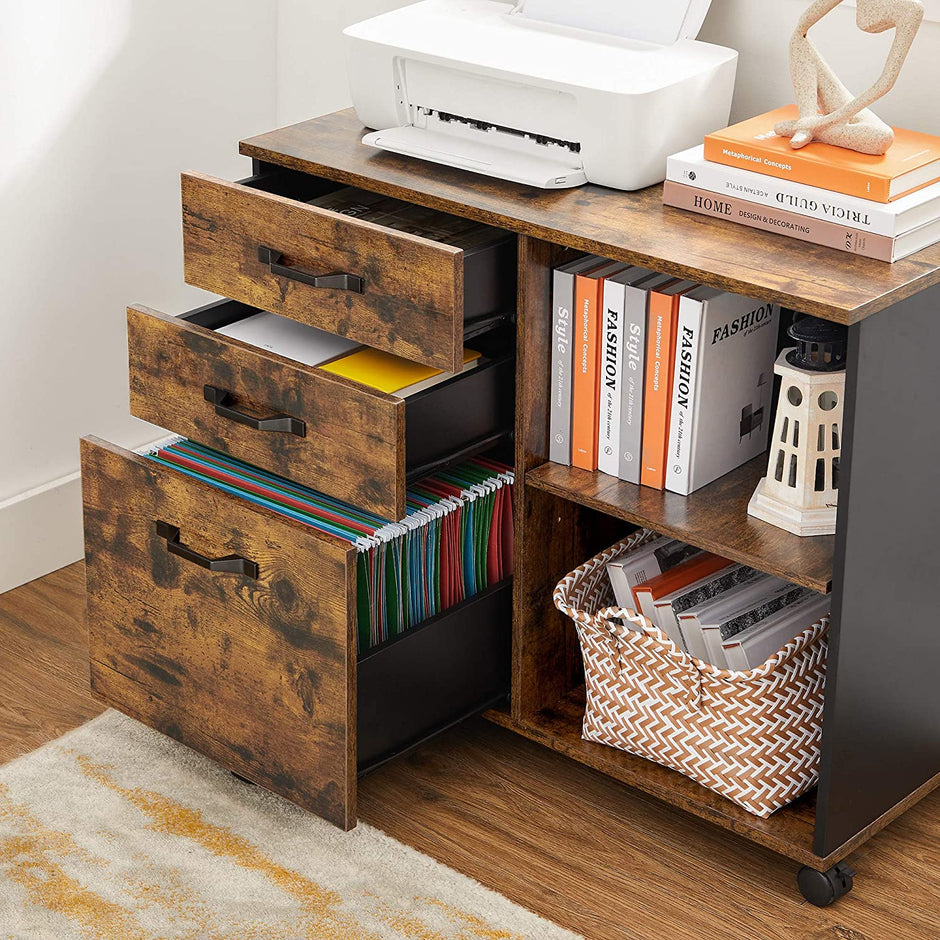 File Cabinet – Wood – Rustic Brown and Black – Mobile with Open Compartments and 3 Drawers