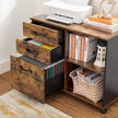 File Cabinet – Wood – Rustic Brown and Black – Mobile with Open Compartments and 3 Drawers