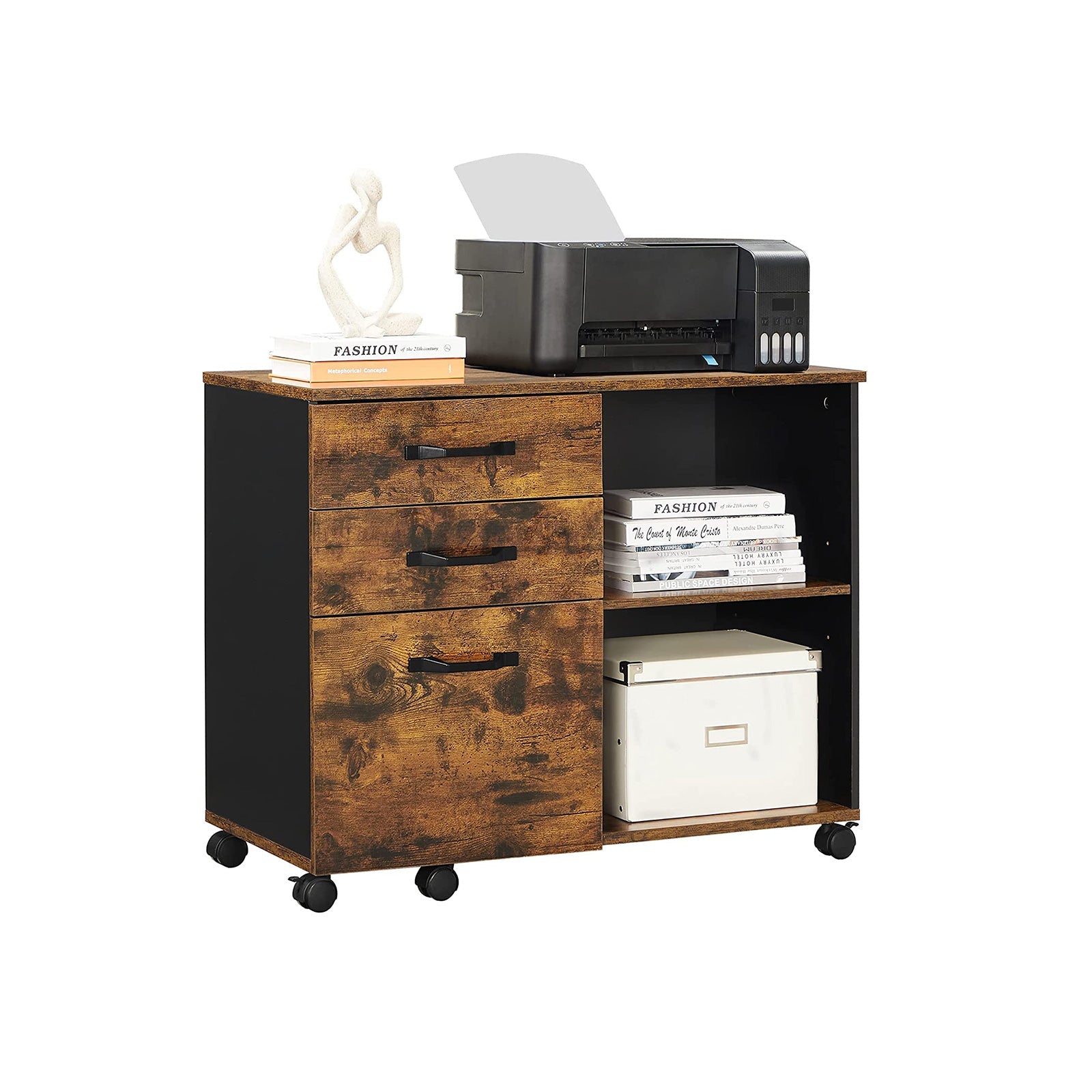 File Cabinet – Wood – Rustic Brown and Black – Mobile with Open Compartments and 3 Drawers