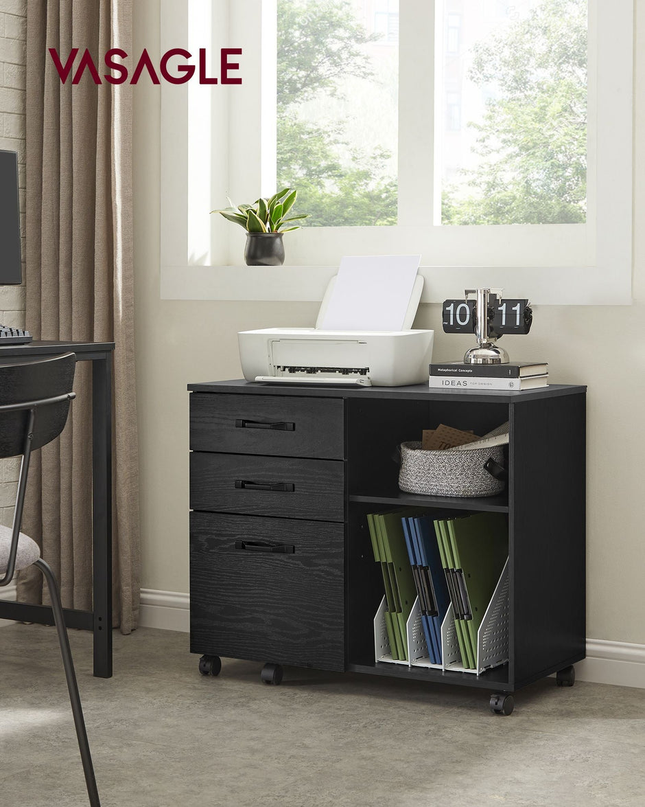 3-Drawer File Cabinet – Wood – Ebony Black – Mobile Lateral Design with Open Compartments