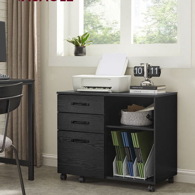 3-Drawer File Cabinet – Wood – Ebony Black – Mobile Lateral Design with Open Compartments