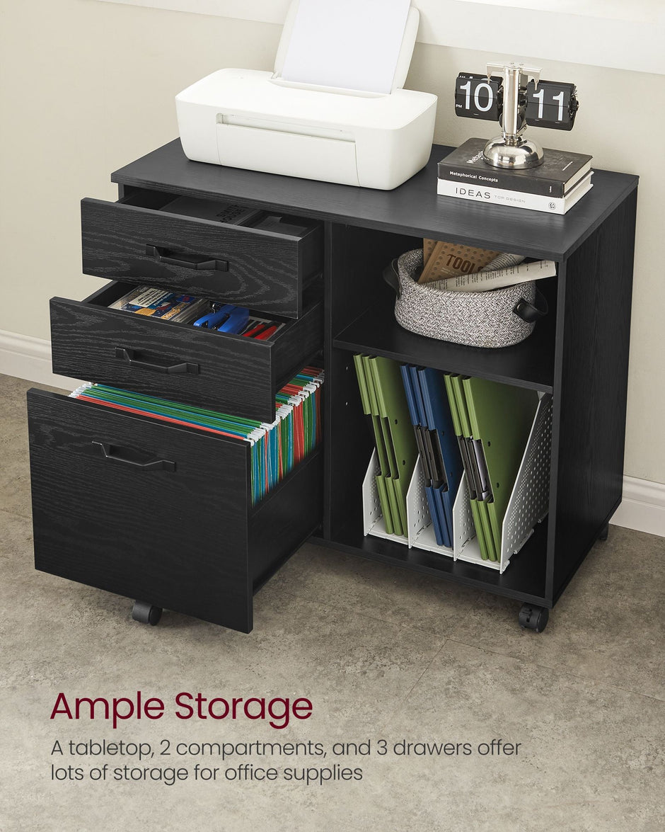 3-Drawer File Cabinet – Wood – Ebony Black – Mobile Lateral Design with Open Compartments
