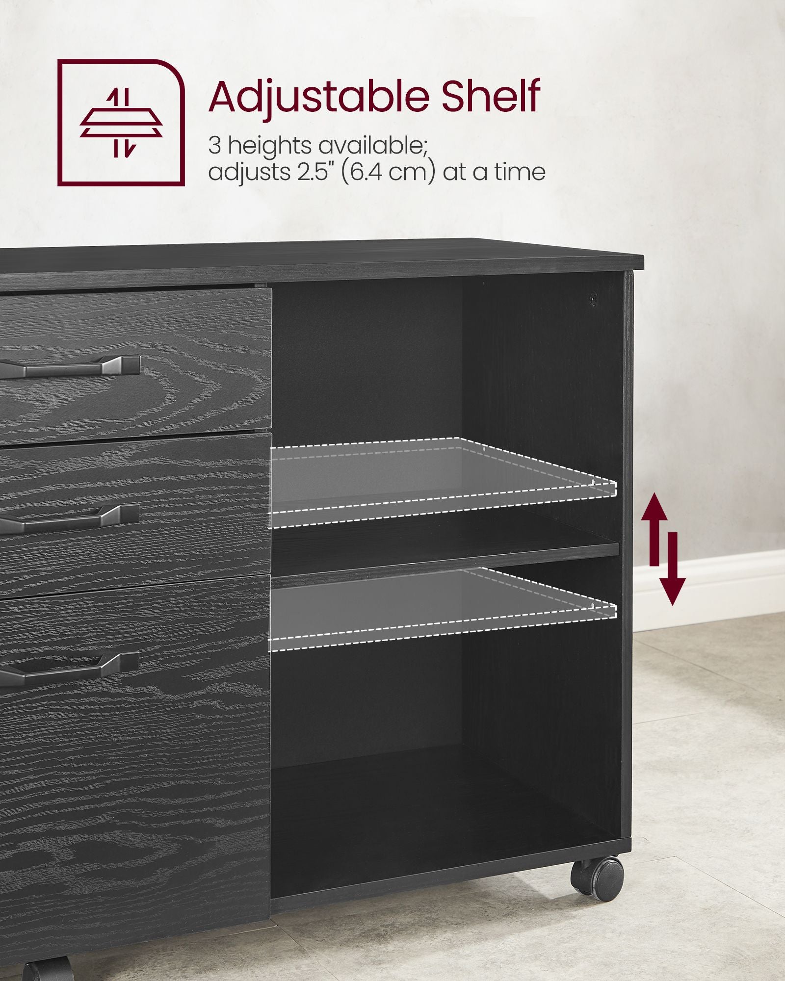 3-Drawer File Cabinet – Wood – Ebony Black – Mobile Lateral Design with Open Compartments