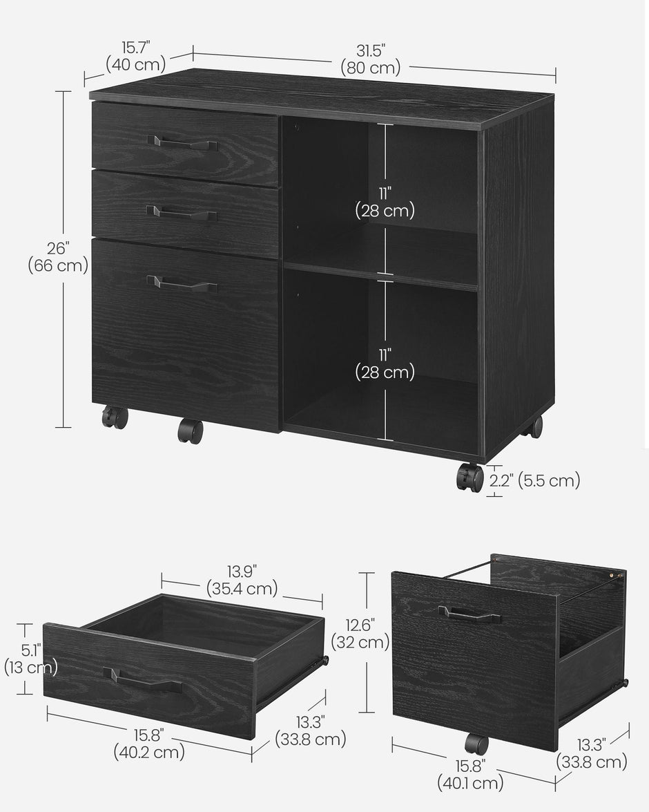 3-Drawer File Cabinet – Wood – Ebony Black – Mobile Lateral Design with Open Compartments