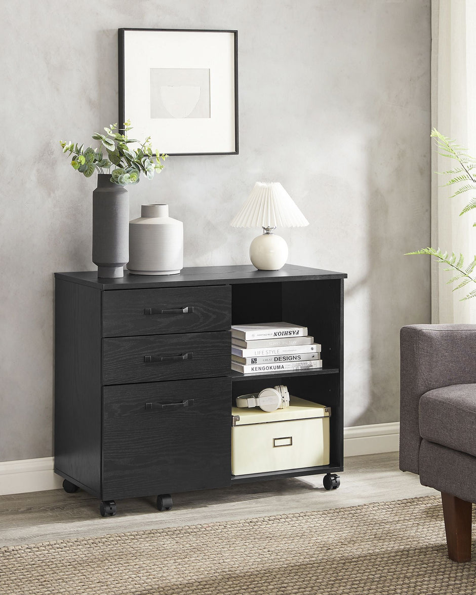 3-Drawer File Cabinet – Wood – Ebony Black – Mobile Lateral Design with Open Compartments