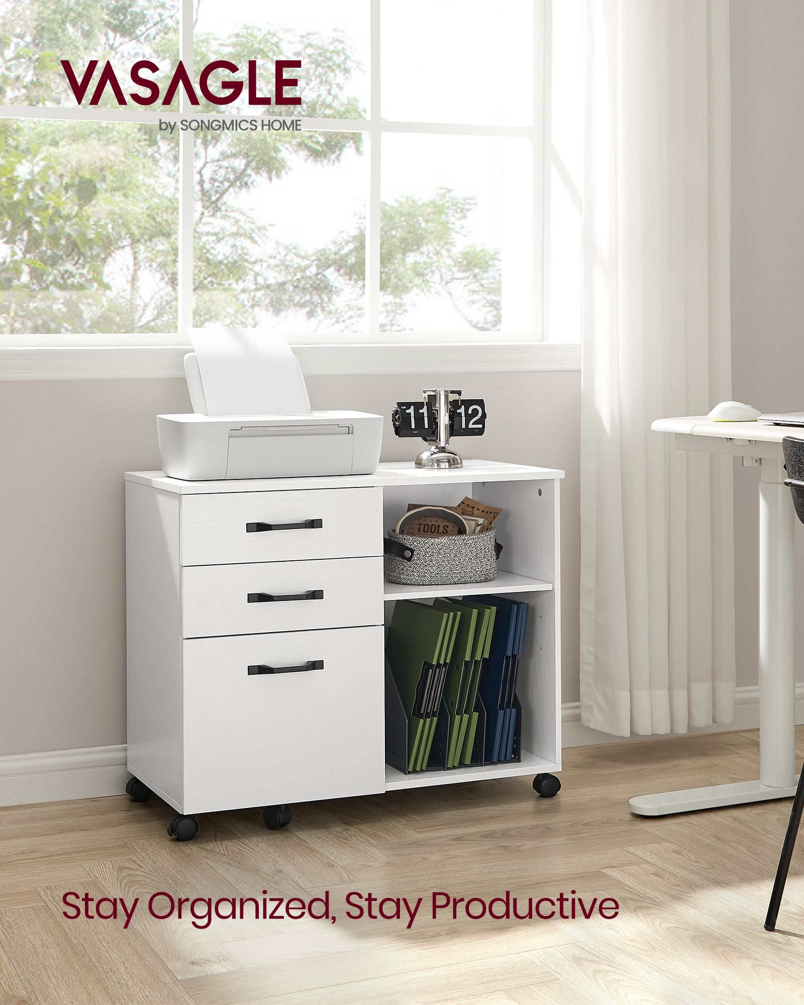 File Cabinet – Wood – White and Rustic Brown – Mobile with Open Compartments