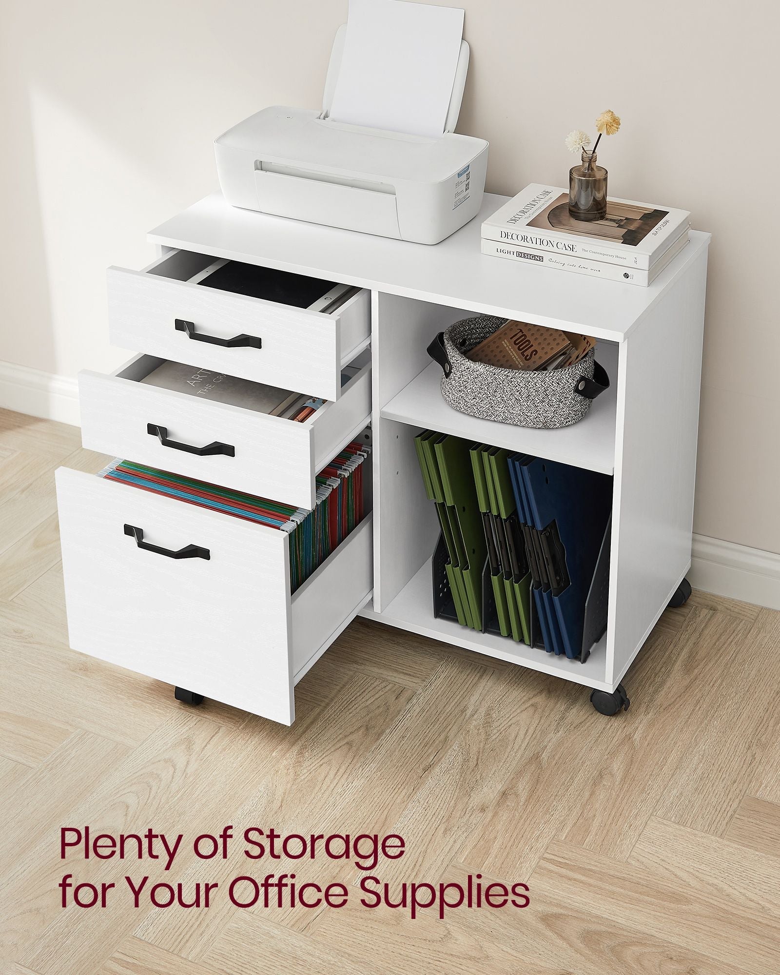 File Cabinet – Wood – White and Rustic Brown – Mobile with Open Compartments