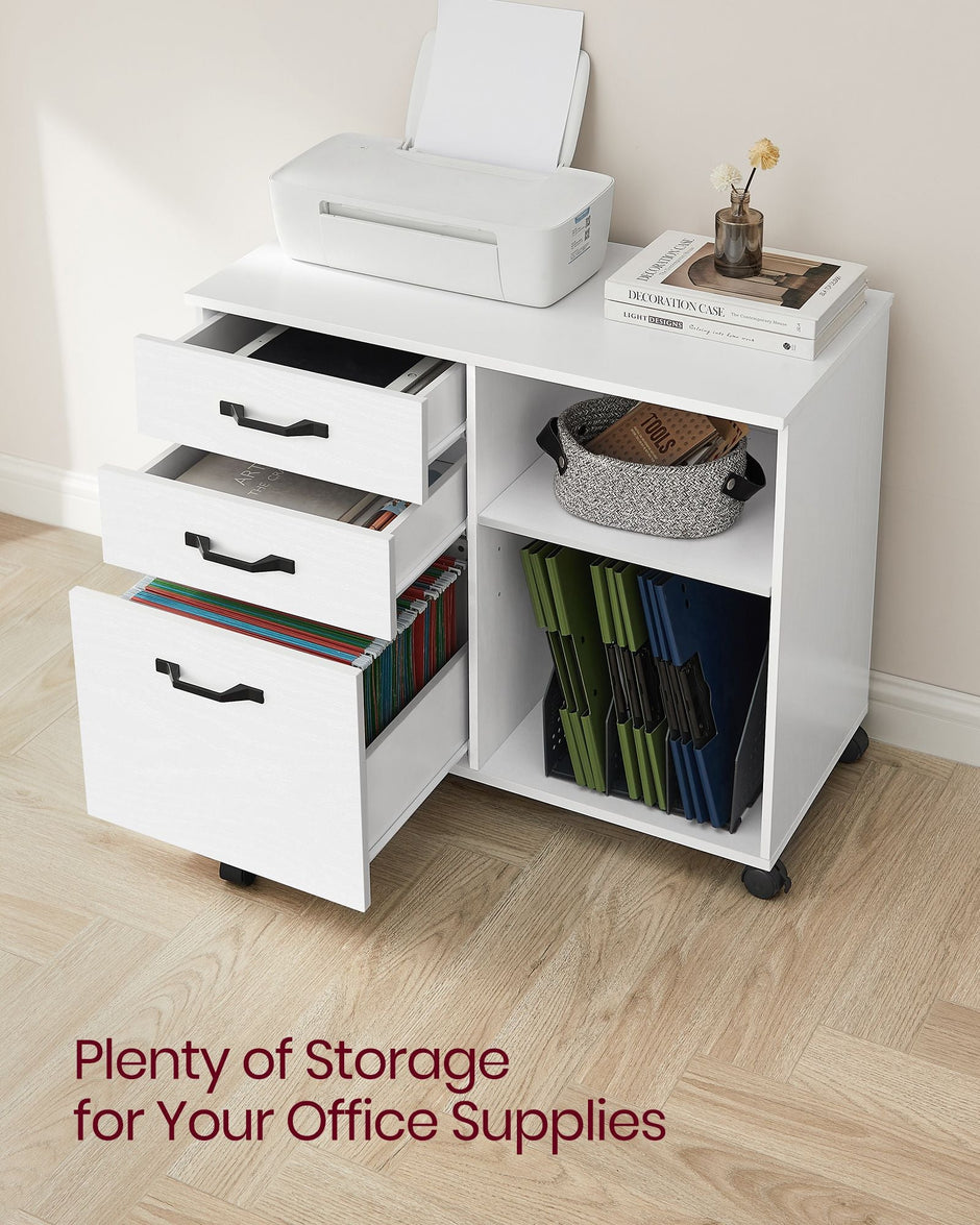 File Cabinet – Wood – White and Rustic Brown – Mobile with Open Compartments