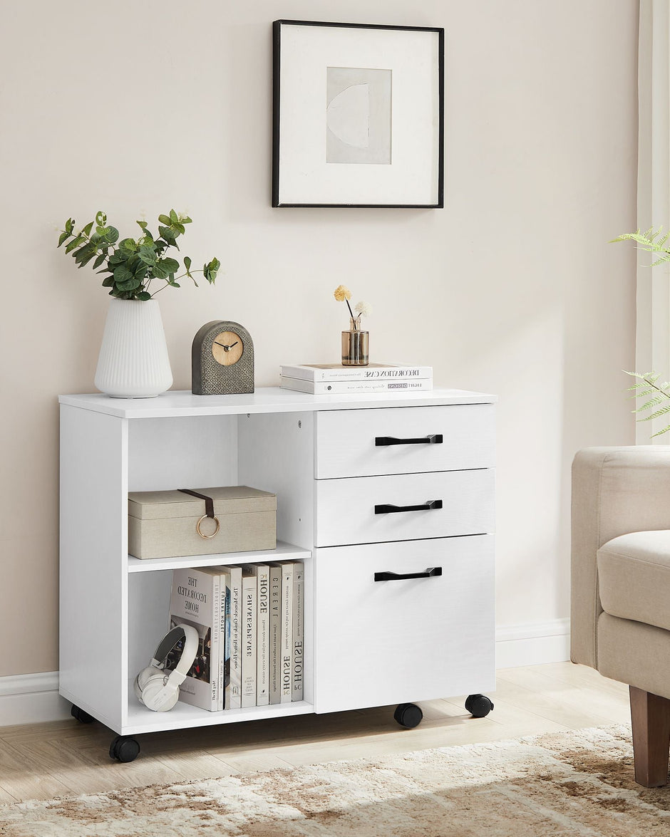 File Cabinet – Wood – White and Rustic Brown – Mobile with Open Compartments