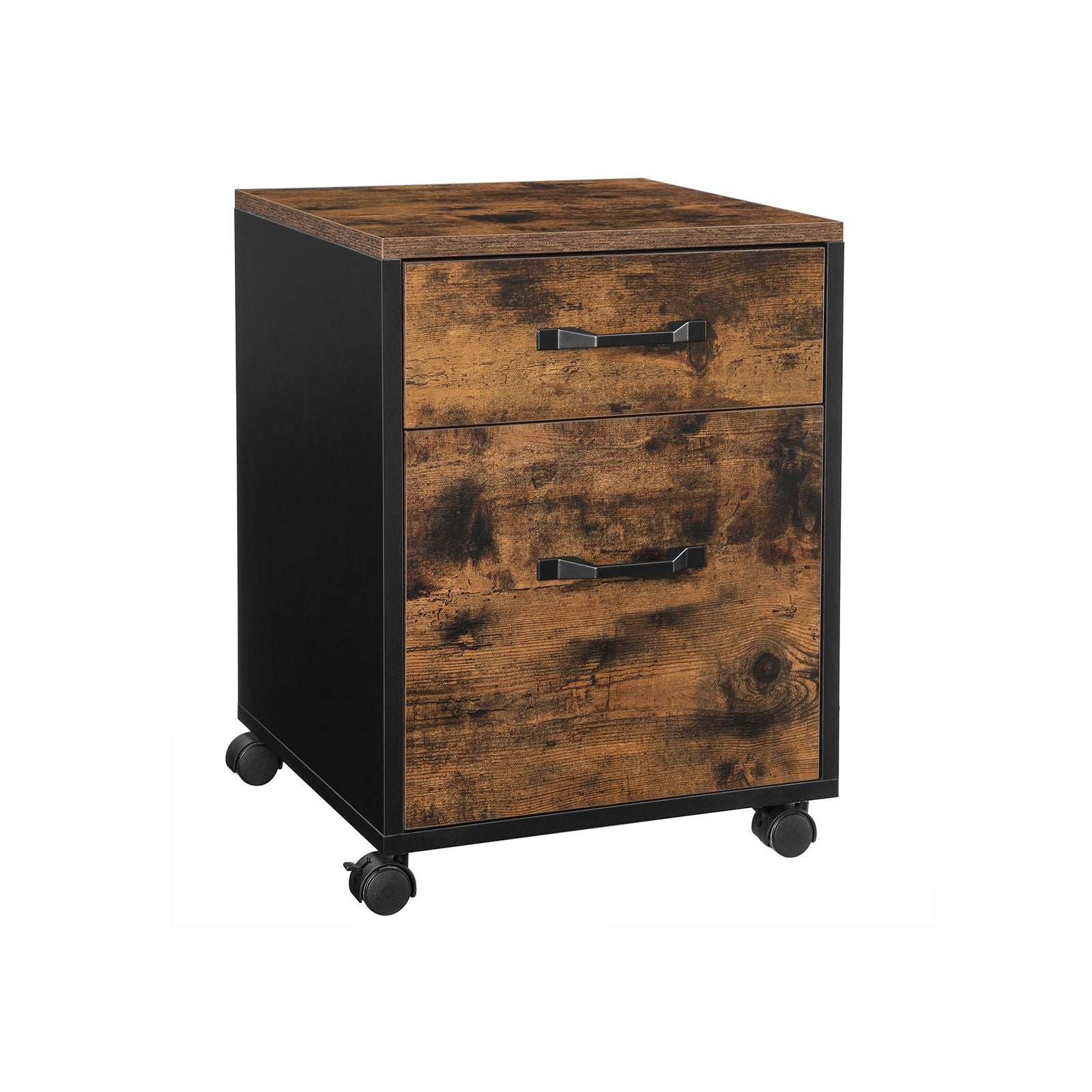 File Cabinet – Particle Board – Rustic Brown and Ink Black – Rolling Design with 2 Drawers