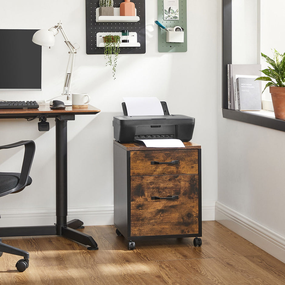 File Cabinet – Particle Board – Rustic Brown and Ink Black – Rolling Design with 2 Drawers