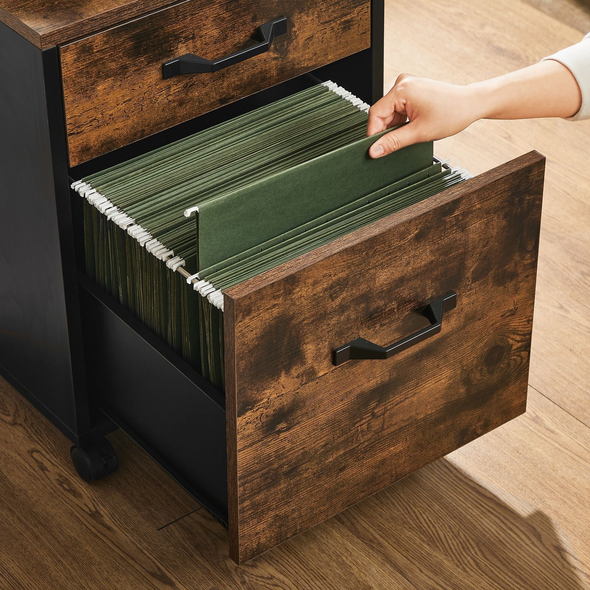 File Cabinet – Particle Board – Rustic Brown and Ink Black – Rolling Design with 2 Drawers