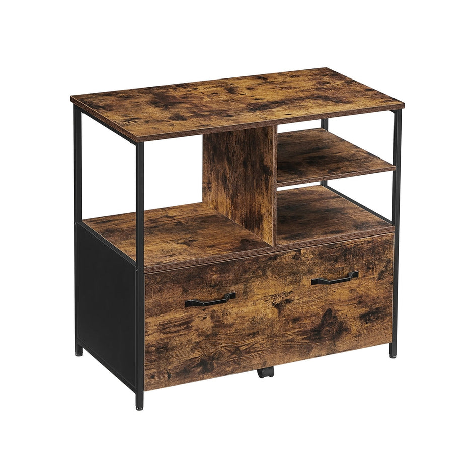 Mobile Filing Cabinet – Wood – Rustic Brown and Black – With Drawers and Open Shelves