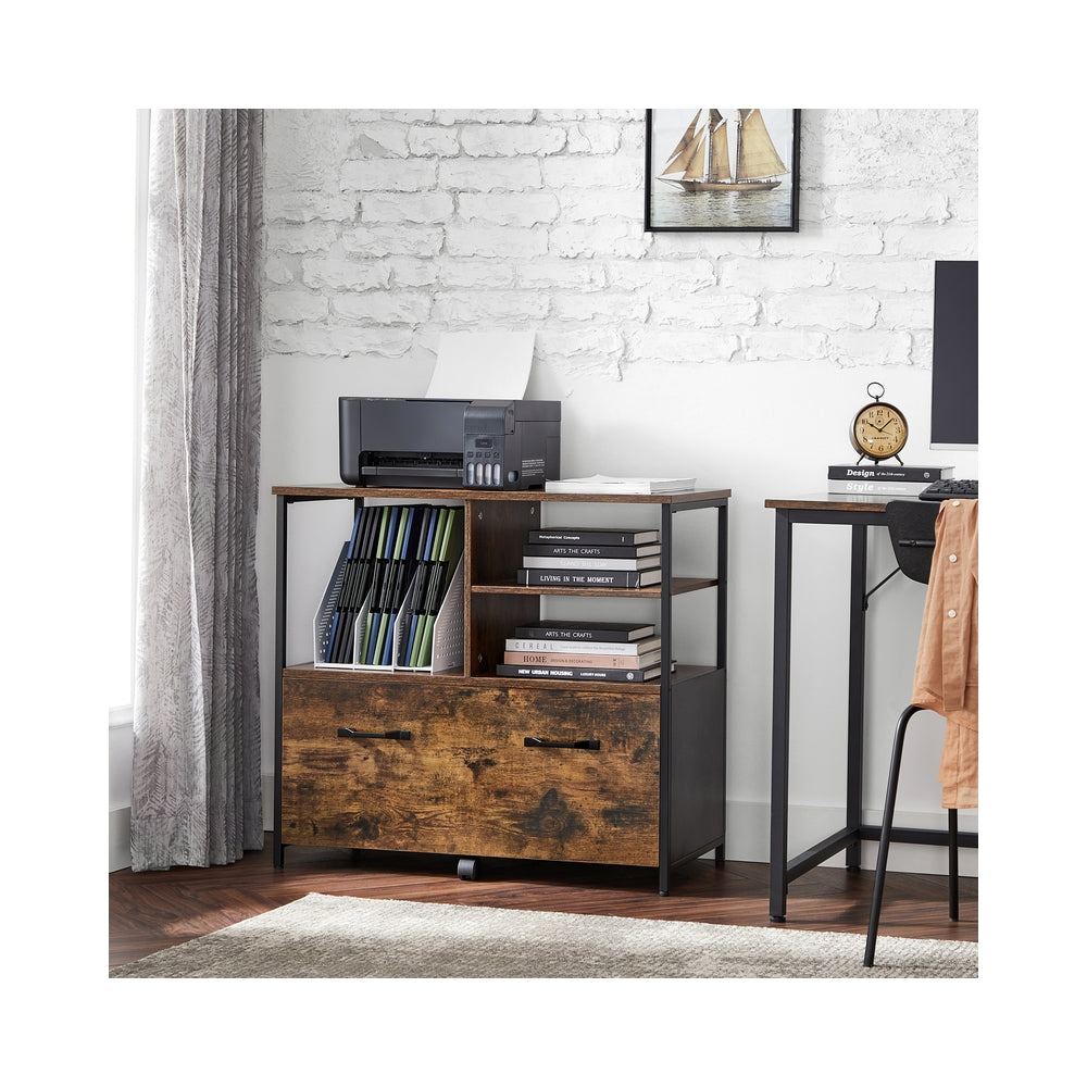 Mobile Filing Cabinet – Wood – Rustic Brown and Black – With Drawers and Open Shelves