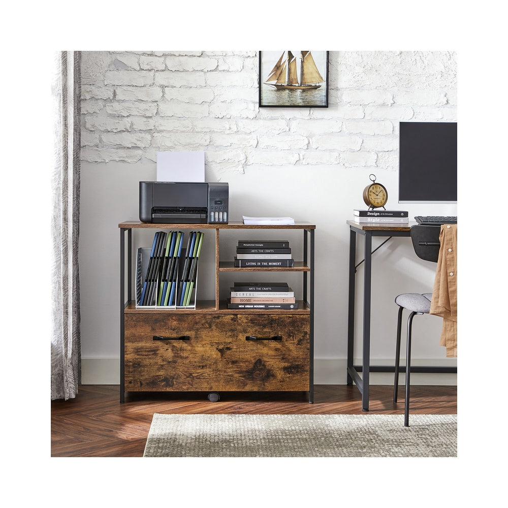 Mobile Filing Cabinet – Wood – Rustic Brown and Black – With Drawers and Open Shelves