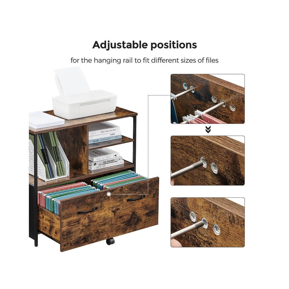 Mobile Filing Cabinet – Wood – Rustic Brown and Black – With Drawers and Open Shelves