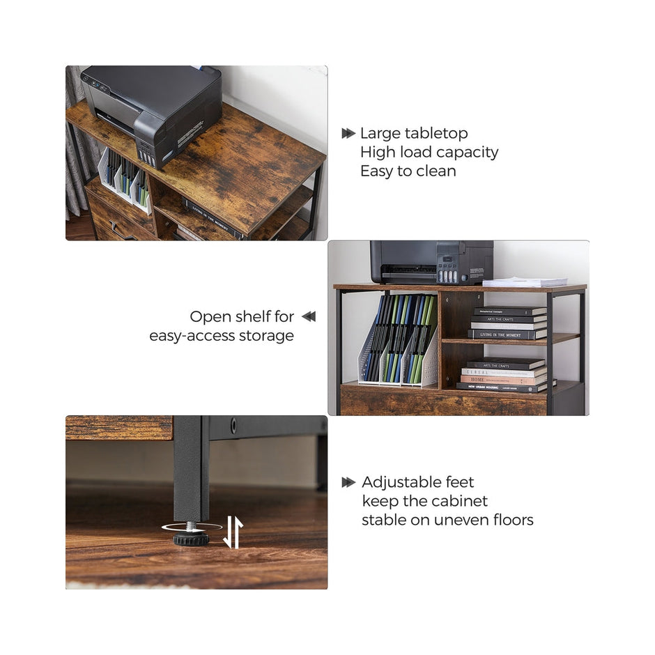 Mobile Filing Cabinet – Wood – Rustic Brown and Black – With Drawers and Open Shelves