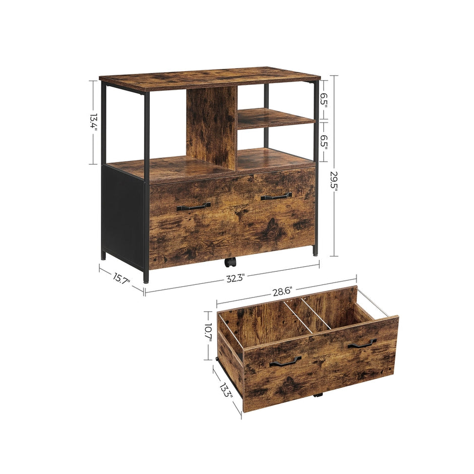 Mobile Filing Cabinet – Wood – Rustic Brown and Black – With Drawers and Open Shelves