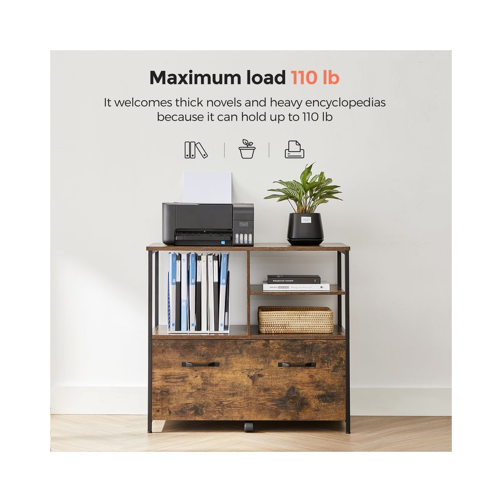 Mobile Filing Cabinet – Wood – Rustic Brown and Black – With Drawers and Open Shelves