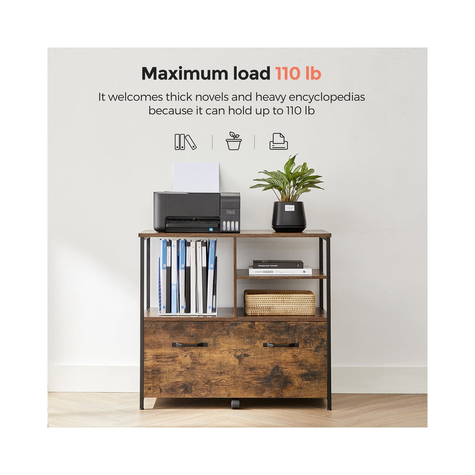 Mobile Filing Cabinet – Wood – Rustic Brown and Black – With Drawers and Open Shelves