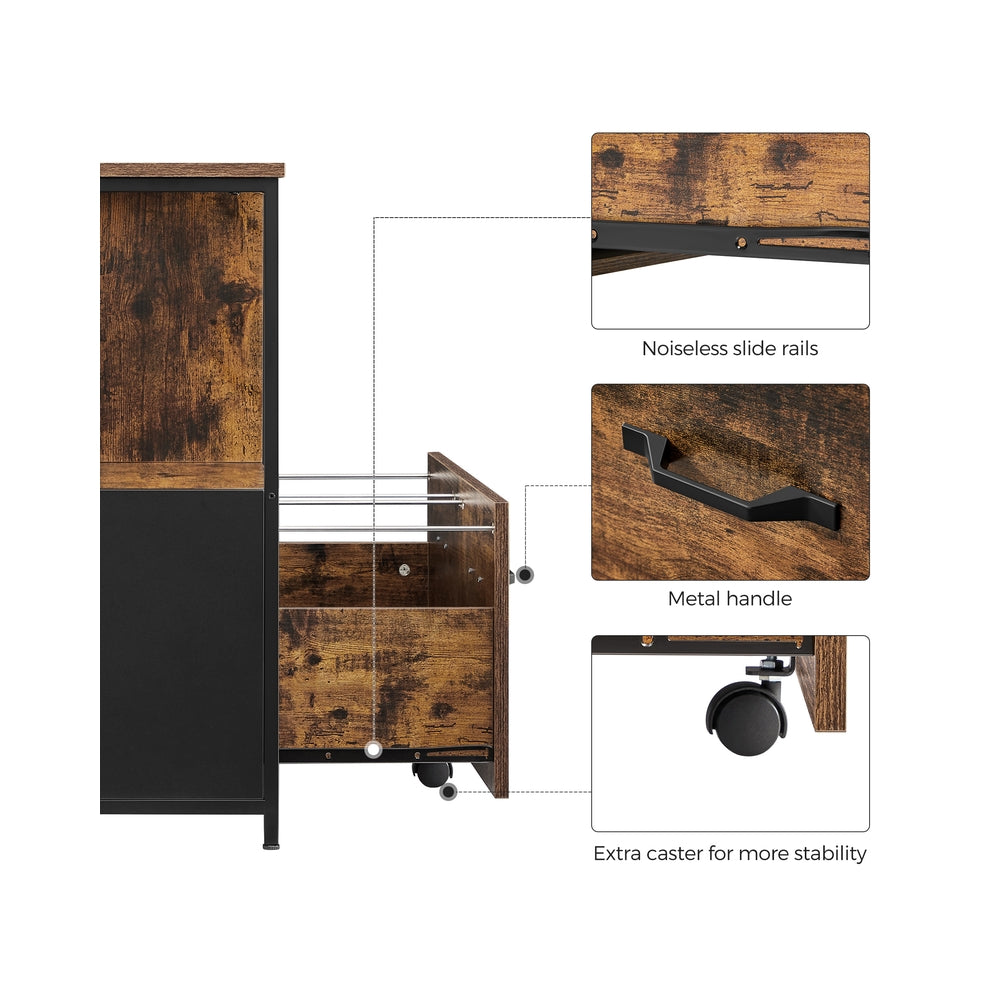 Mobile Filing Cabinet – Wood – Rustic Brown and Black – With Drawers and Open Shelves