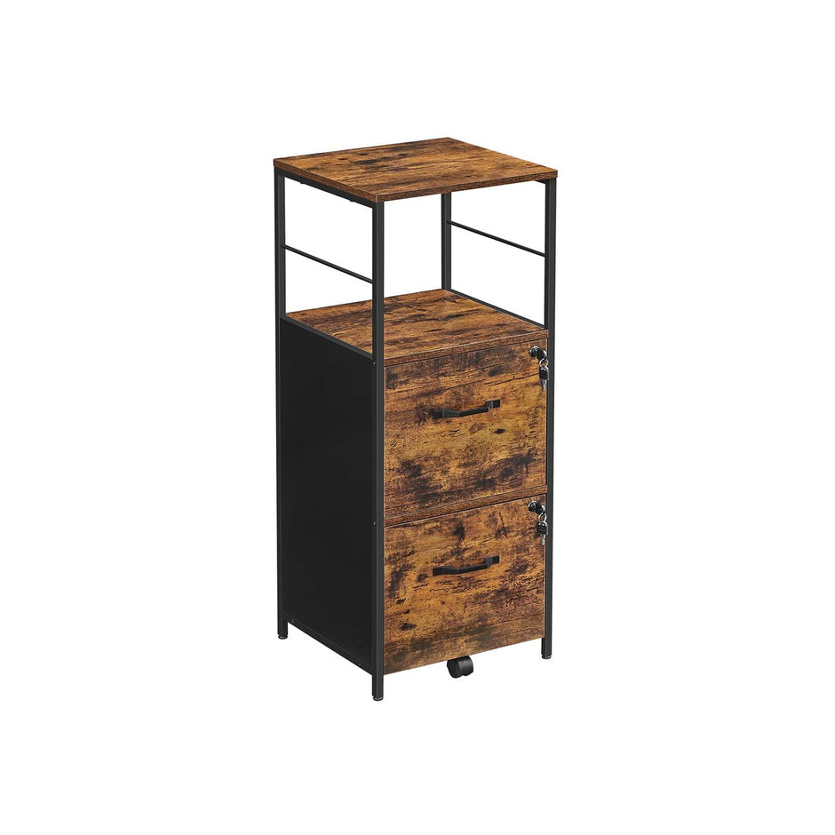 Filing Cabinet – Steel – Rustic Brown and Black – 2 Drawers with Open Shelf