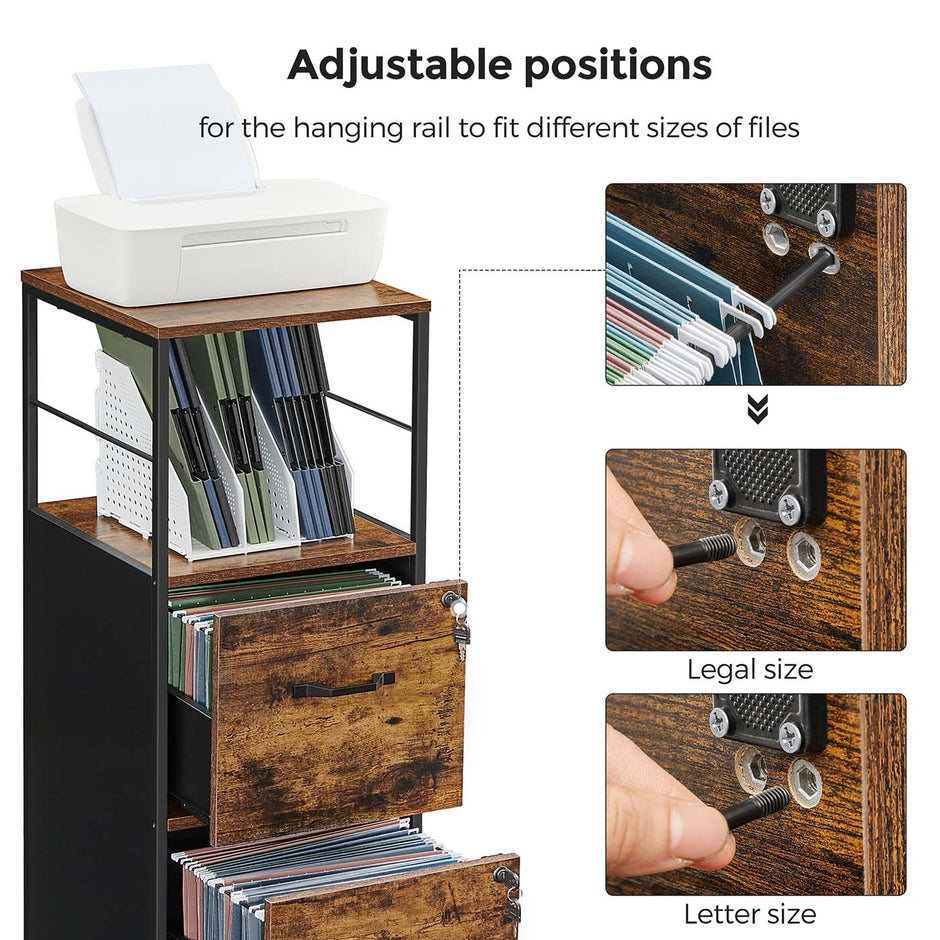 Filing Cabinet – Steel – Rustic Brown and Black – 2 Drawers with Open Shelf