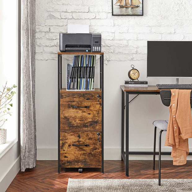 Filing Cabinet – Steel – Rustic Brown and Black – 2 Drawers with Open Shelf
