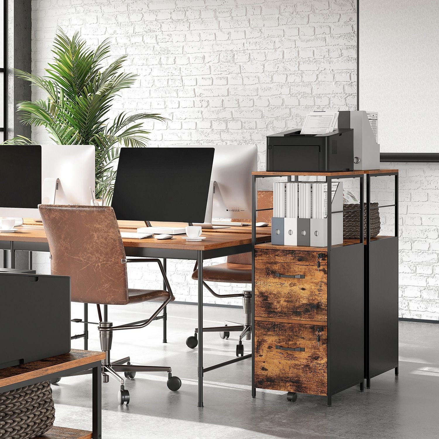 Filing Cabinet – Steel – Rustic Brown and Black – 2 Drawers with Open Shelf