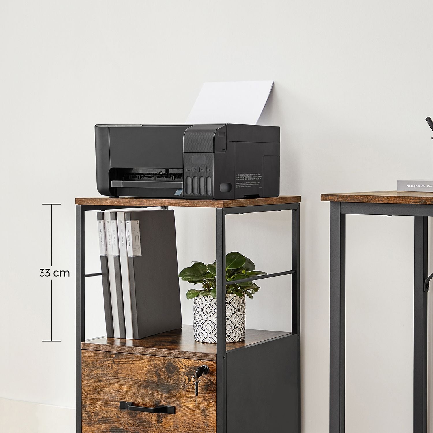 Filing Cabinet – Steel – Rustic Brown and Black – 2 Drawers with Open Shelf