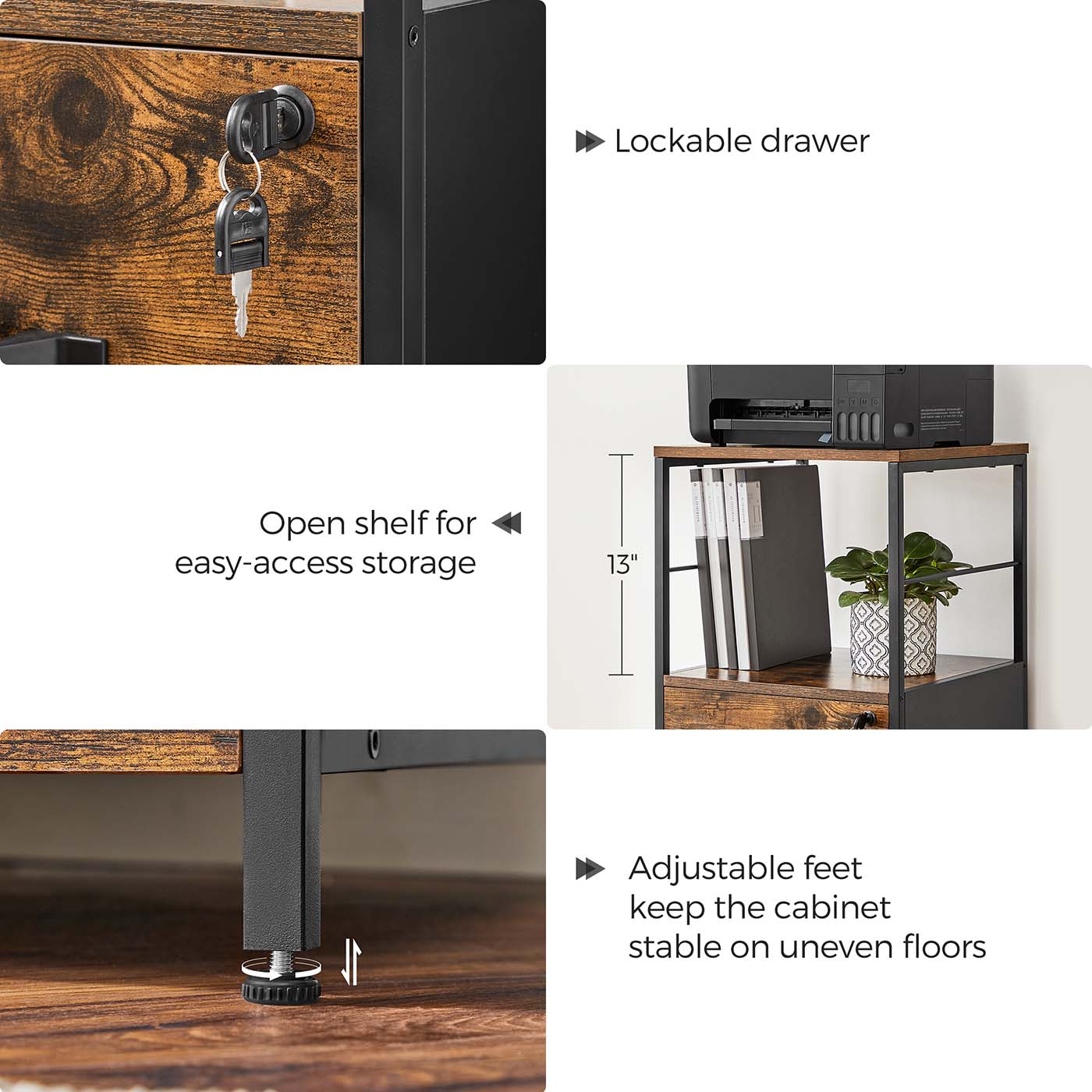 Filing Cabinet – Steel – Rustic Brown and Black – 2 Drawers with Open Shelf