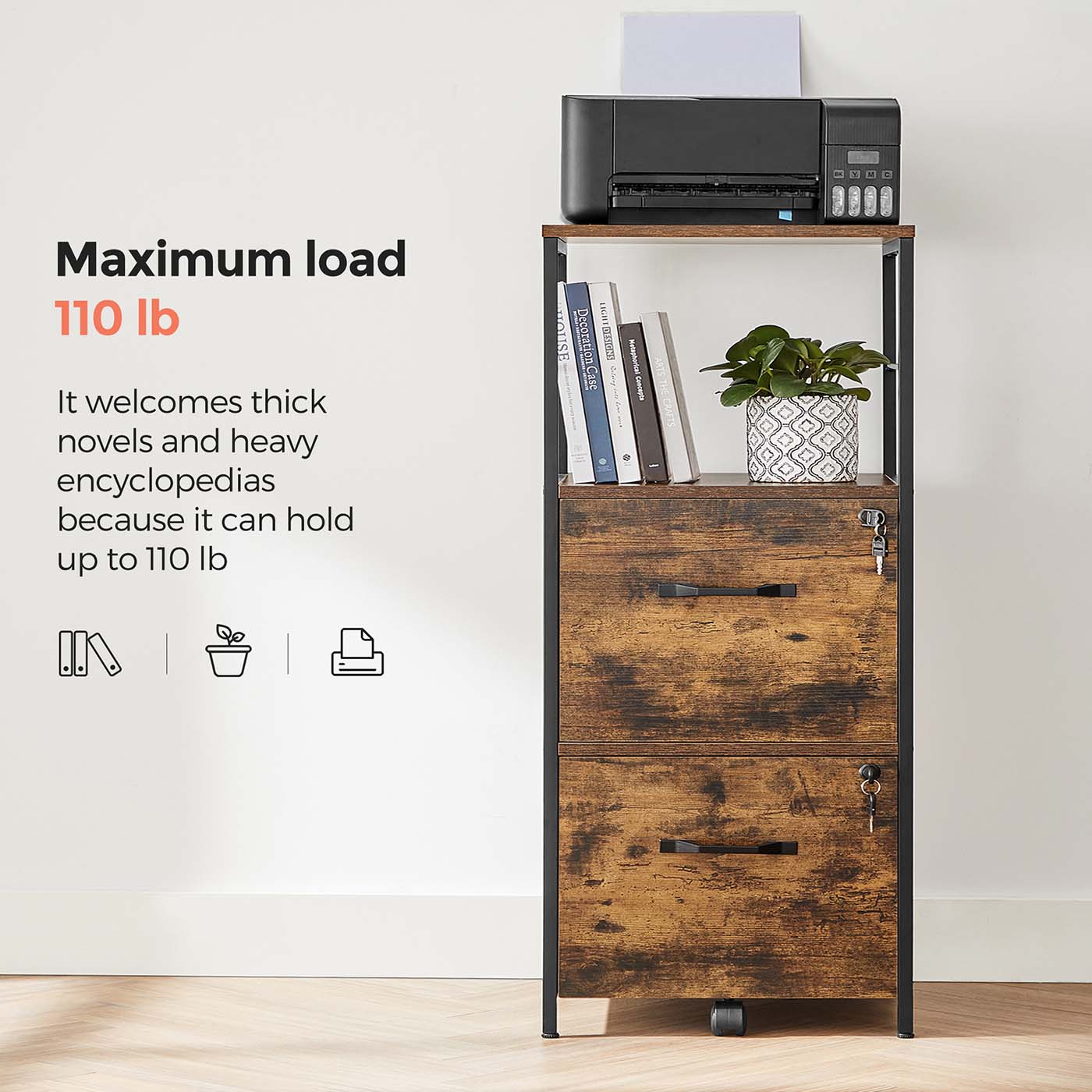 Filing Cabinet – Steel – Rustic Brown and Black – 2 Drawers with Open Shelf