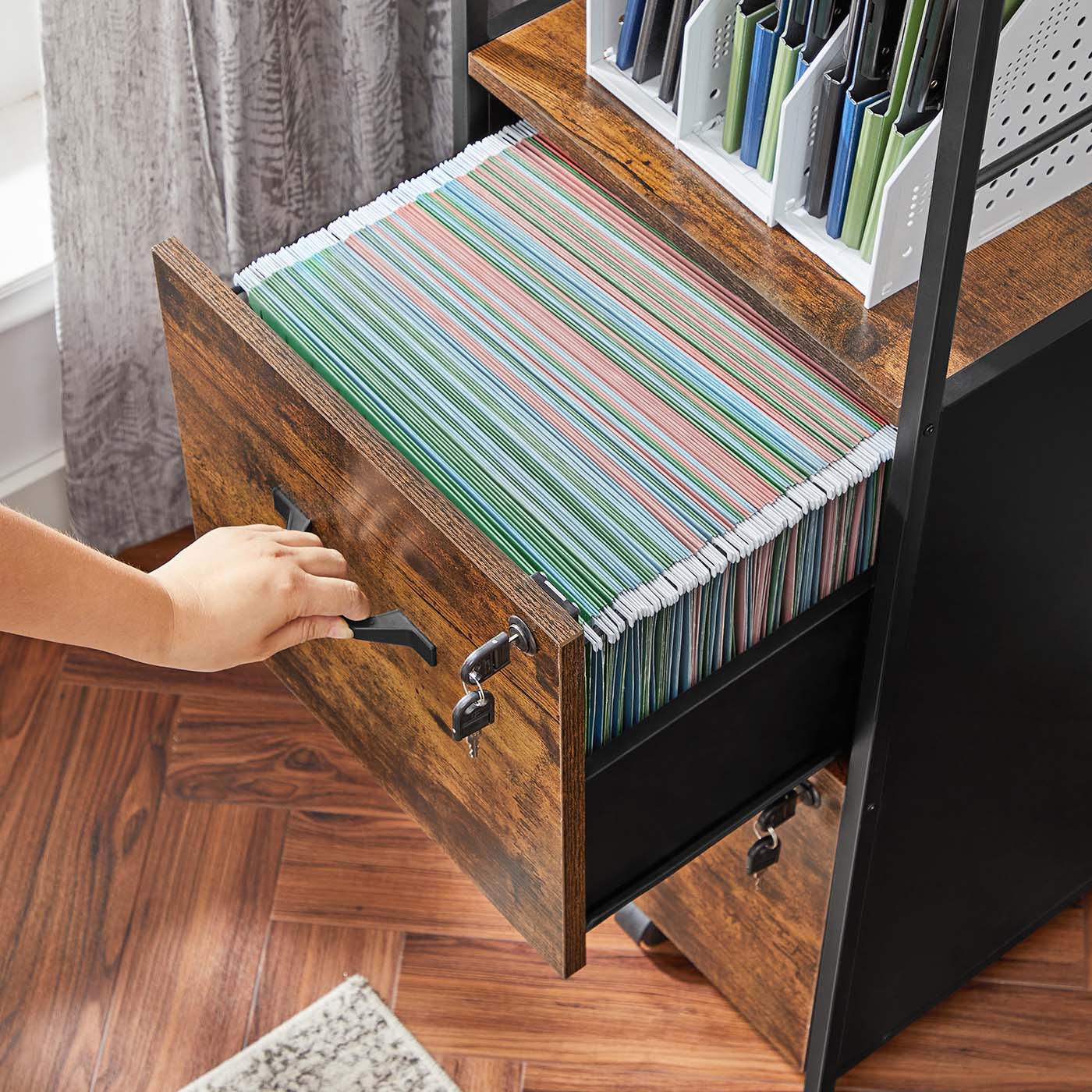 Filing Cabinet – Steel – Rustic Brown and Black – 2 Drawers with Open Shelf
