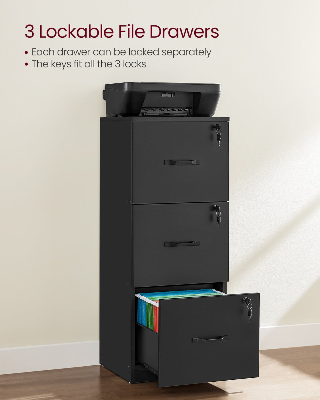 Filing Cabinet – Wood – Cloud White – 3 Lockable Drawers with Adjustable Hanging Rail