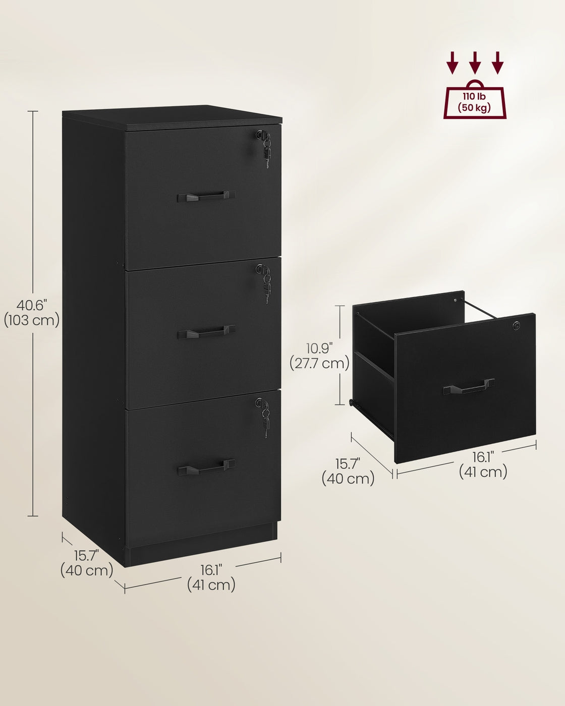 Filing Cabinet – Wood – Cloud White – 3 Lockable Drawers with Adjustable Hanging Rail