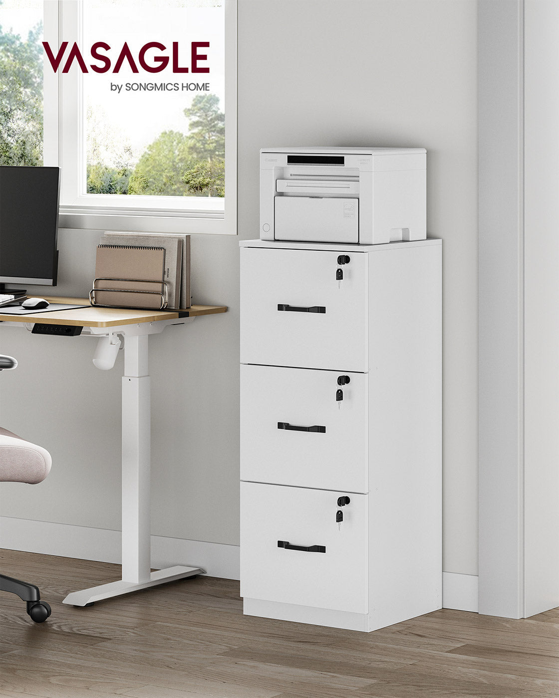 File Cabinet – Wood – Cloud White – Lockable with Adjustable Hanging Rail