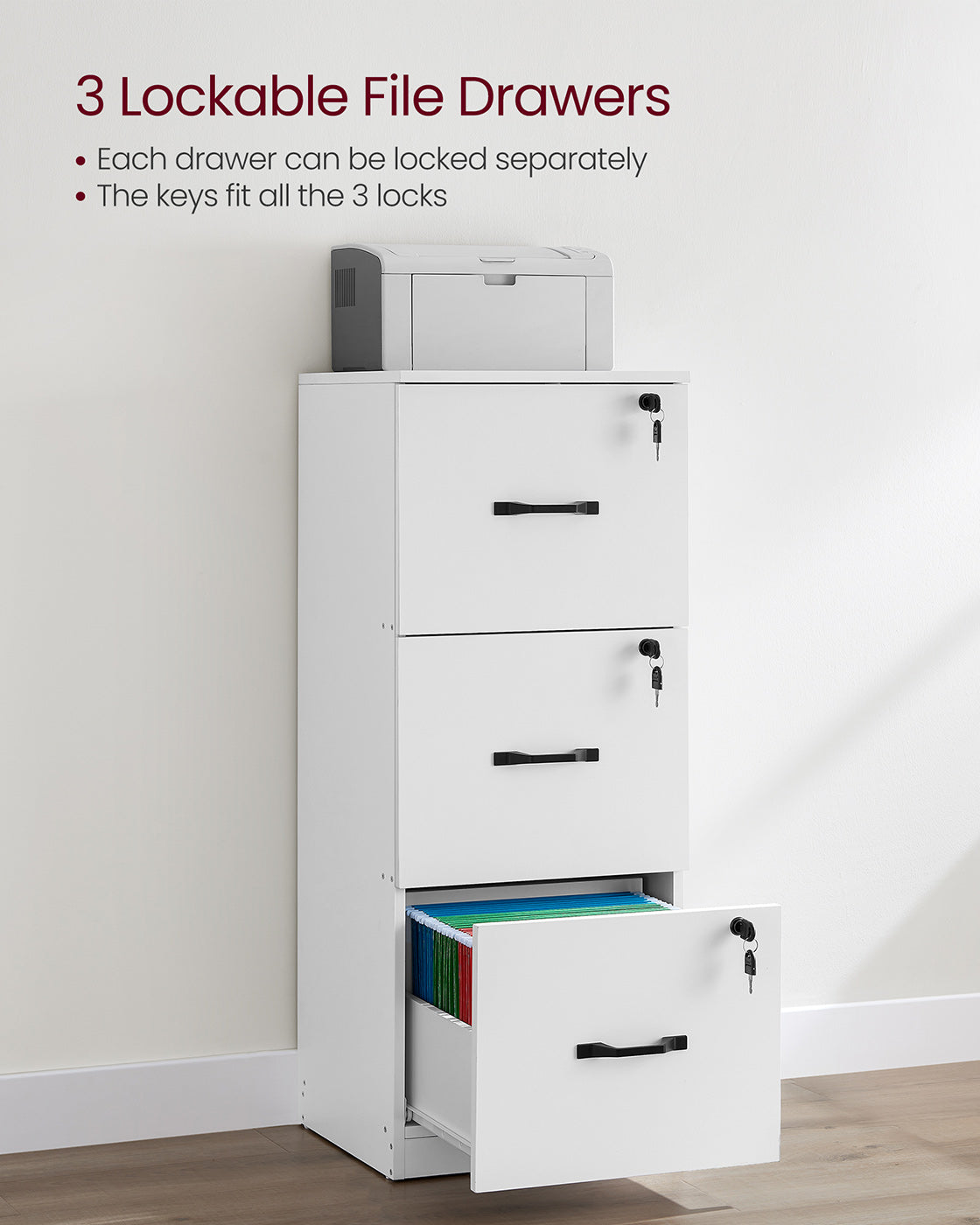 File Cabinet – Wood – Cloud White – Lockable with Adjustable Hanging Rail