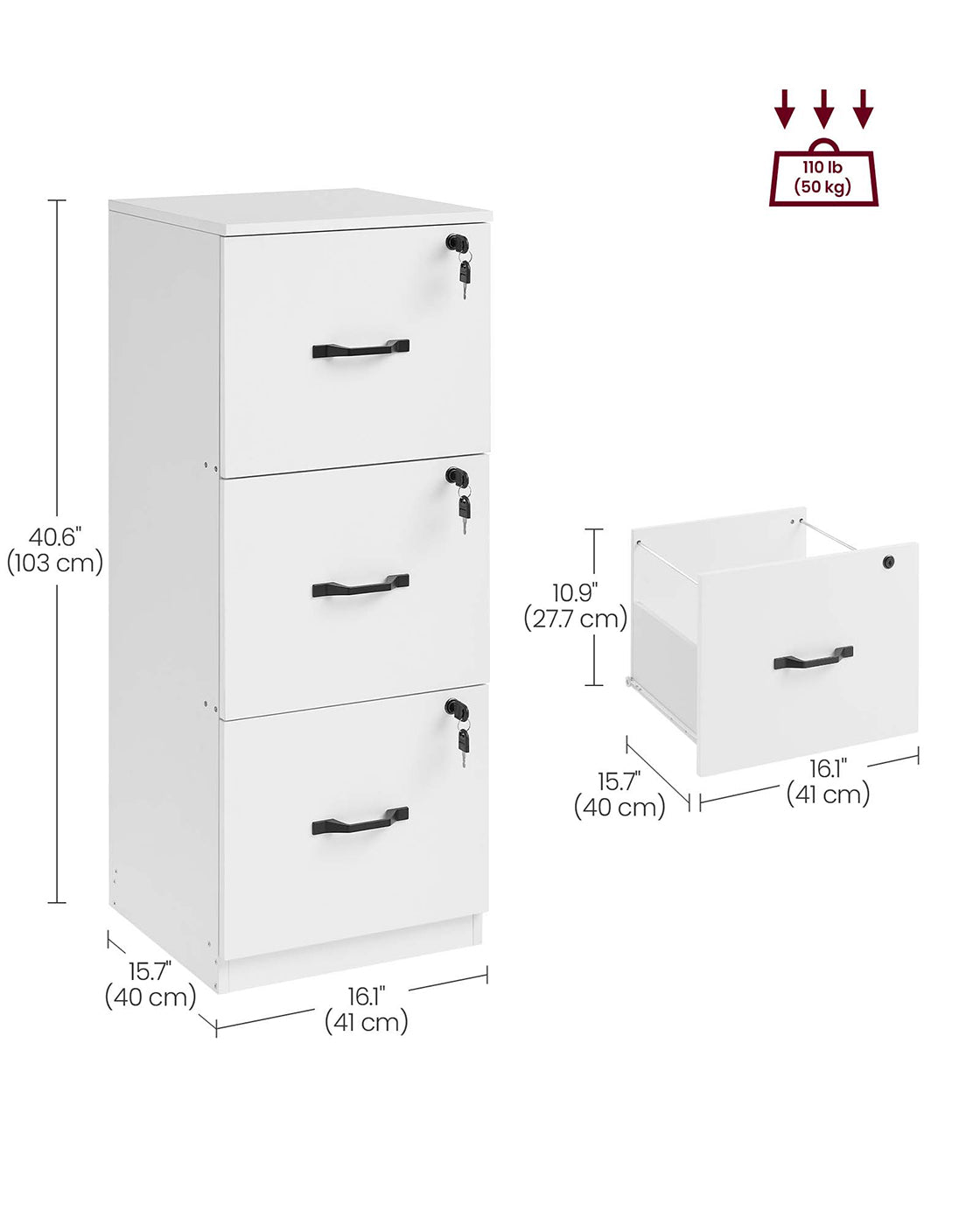 File Cabinet – Wood – Cloud White – Lockable with Adjustable Hanging Rail