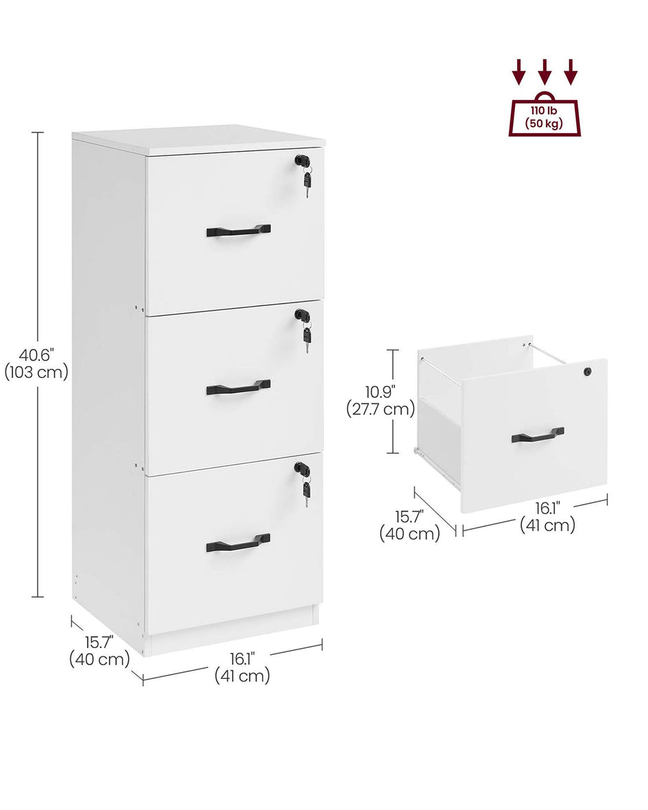 File Cabinet – Wood – Cloud White – Lockable with Adjustable Hanging Rail