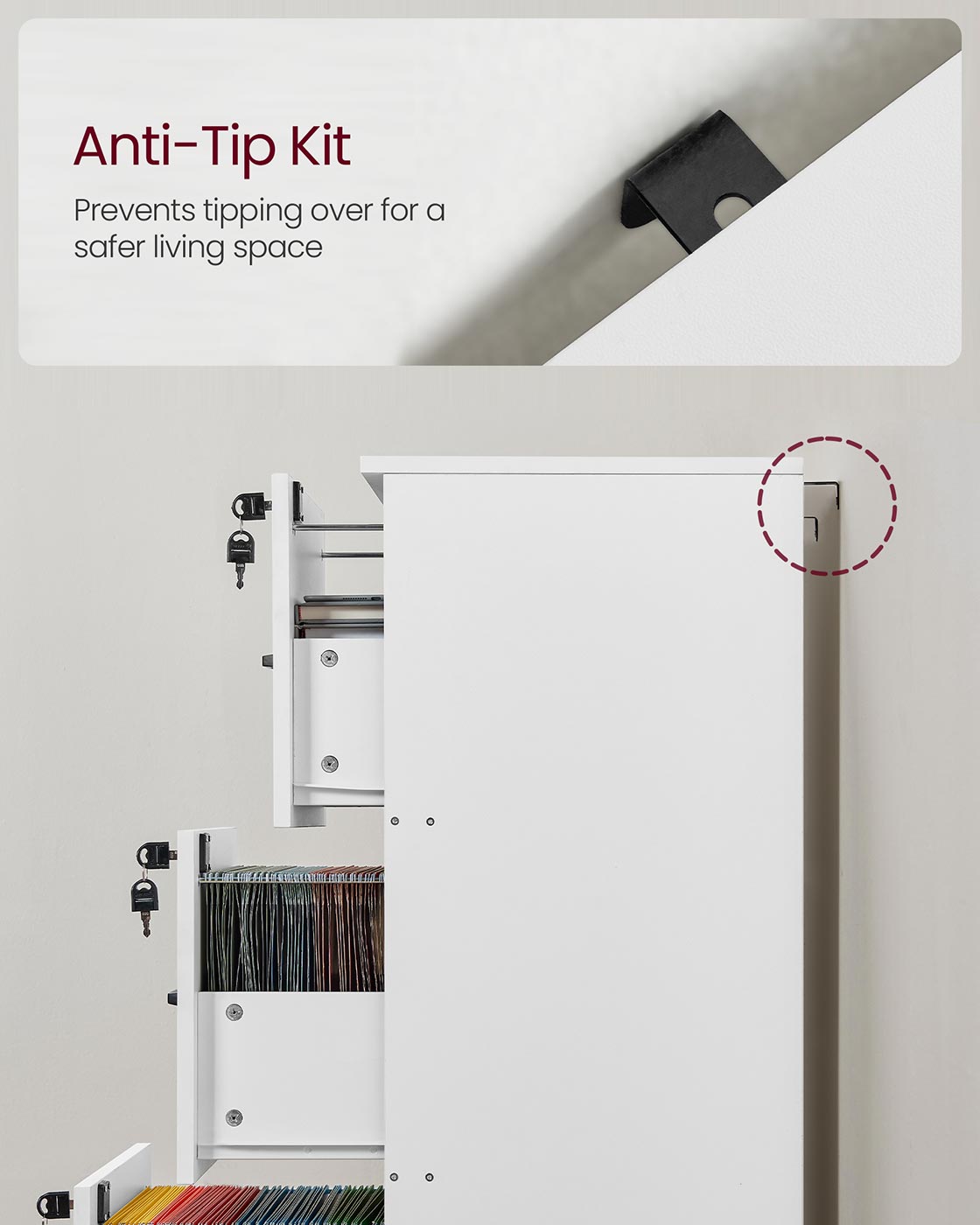 File Cabinet – Wood – Cloud White – Lockable with Adjustable Hanging Rail