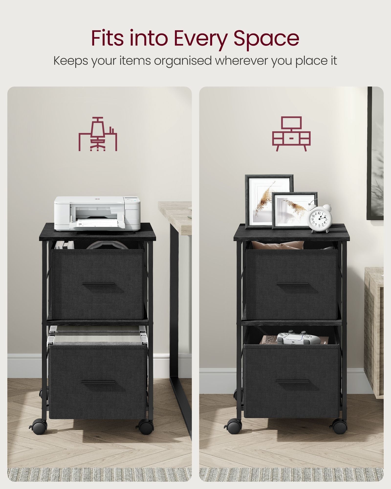 Filing Cabinet – Wood – Ebony Black and Ink Black – 2 Drawers for A4 and Letter-Size Files