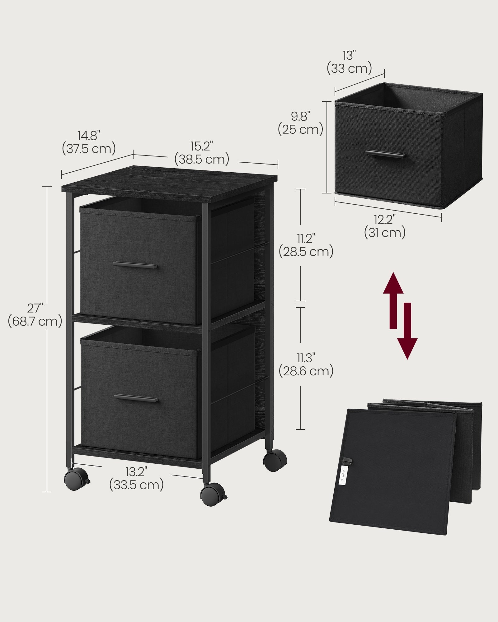 Filing Cabinet – Wood – Ebony Black and Ink Black – 2 Drawers for A4 and Letter-Size Files