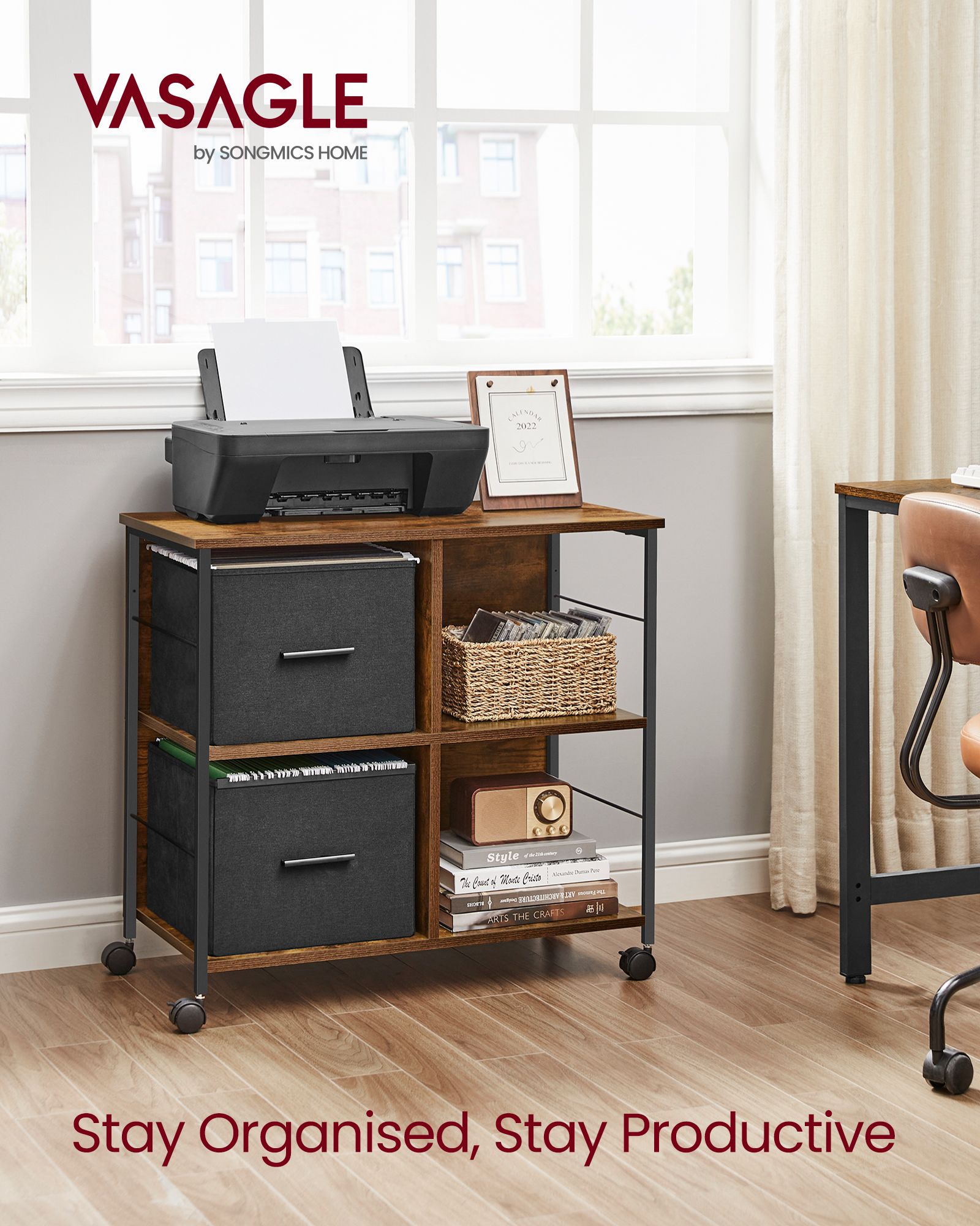 Filing Cabinet – Wood – Brown – 2 Drawers with Shelf and Printer Stand