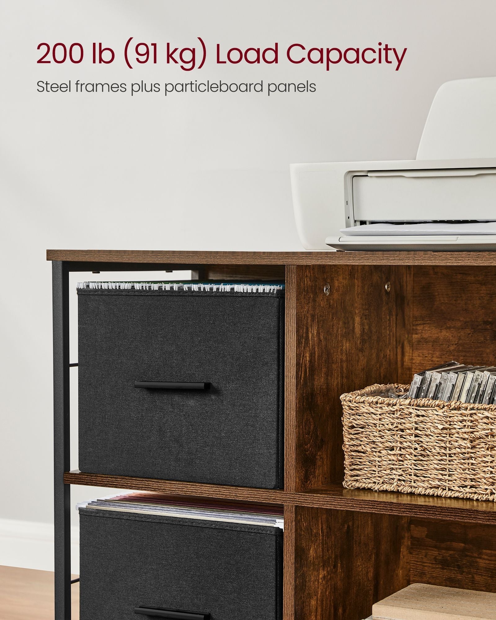 Filing Cabinet – Wood – Brown – 2 Drawers with Shelf and Printer Stand