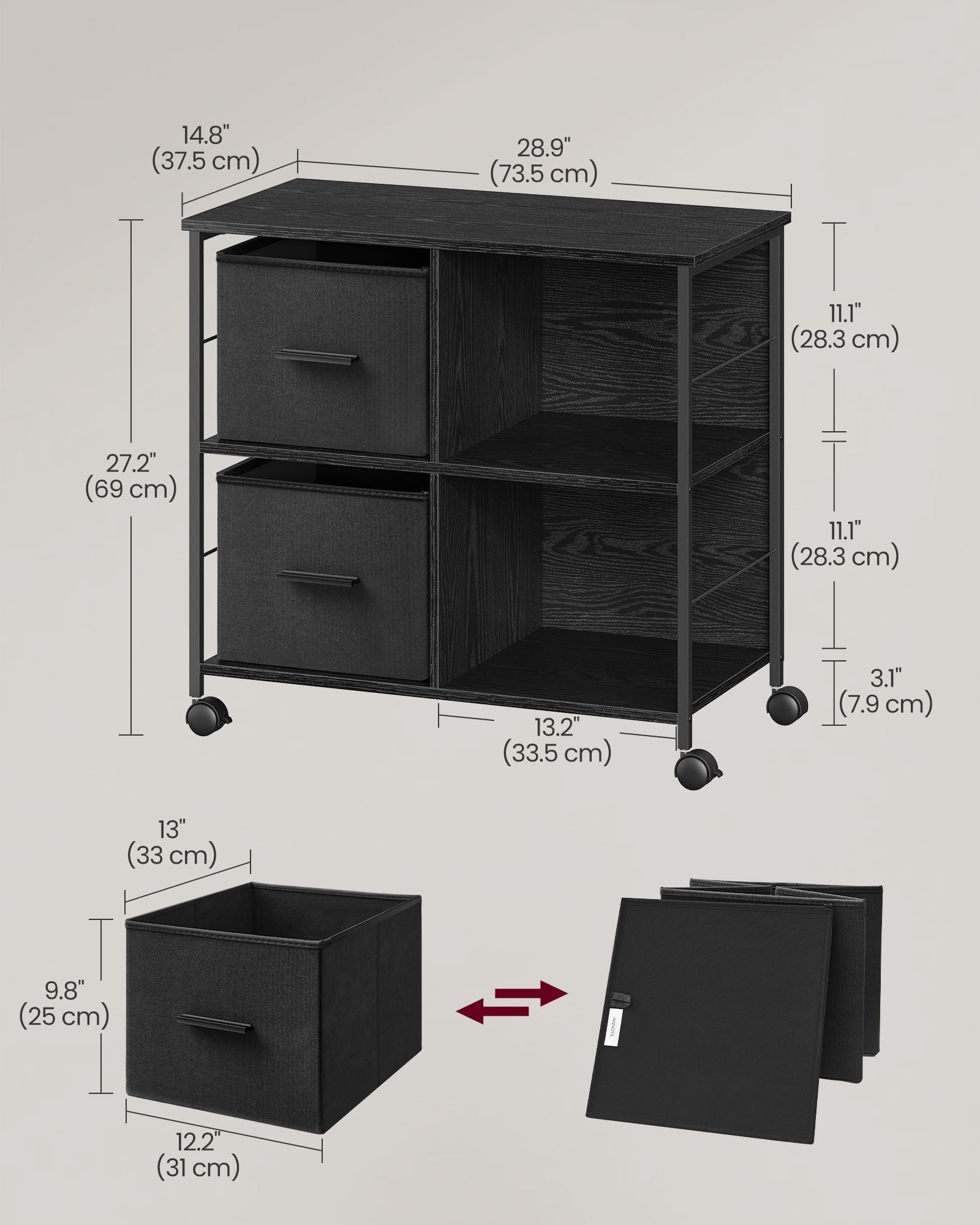 Filing Cabinet – Wood – Brown – 2 Drawers with Shelf and Printer Stand