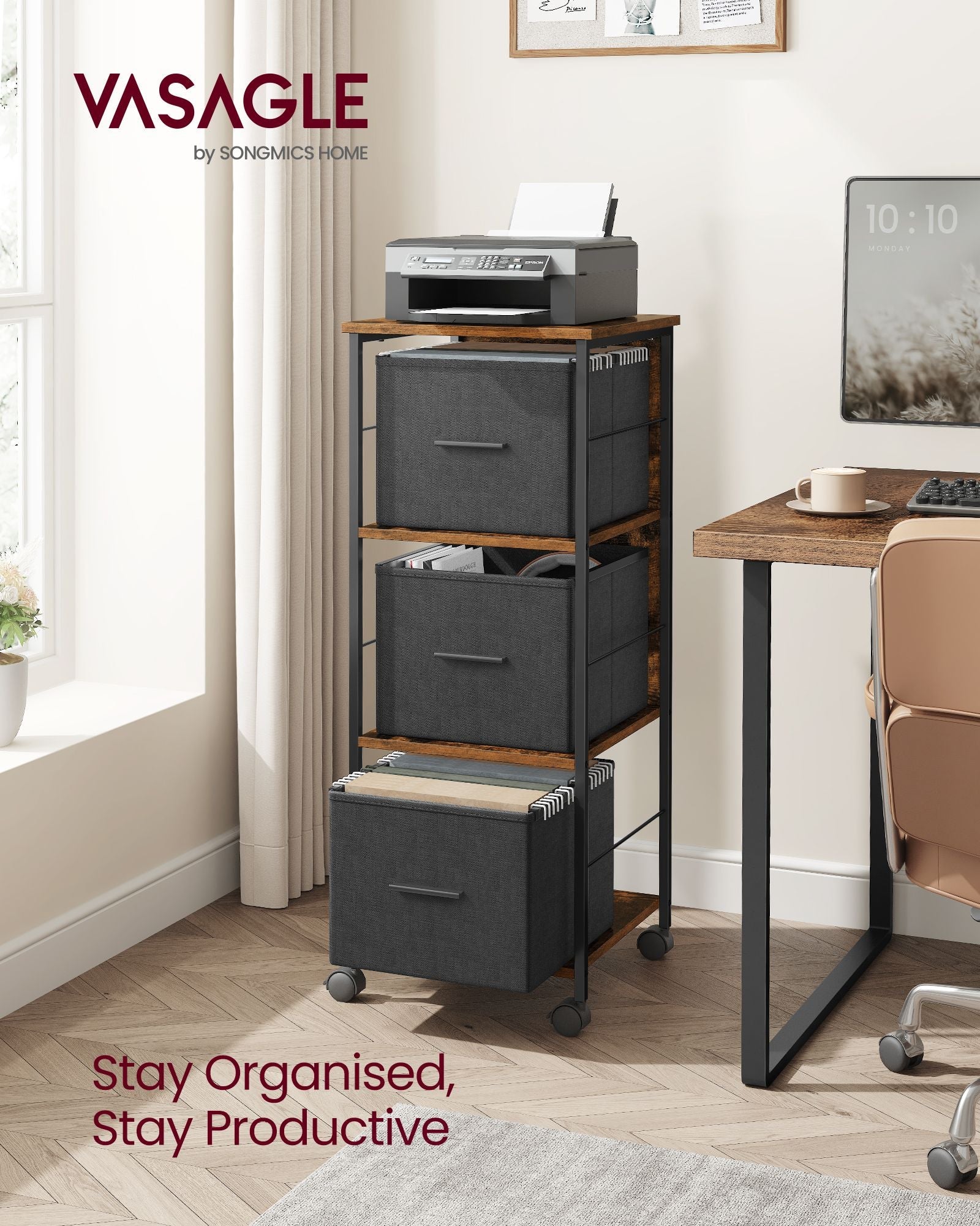 Filing Cabinet – Wood – Rustic Brown and Ink Black – Multi-Functional with 3 Drawers and Bookshelf