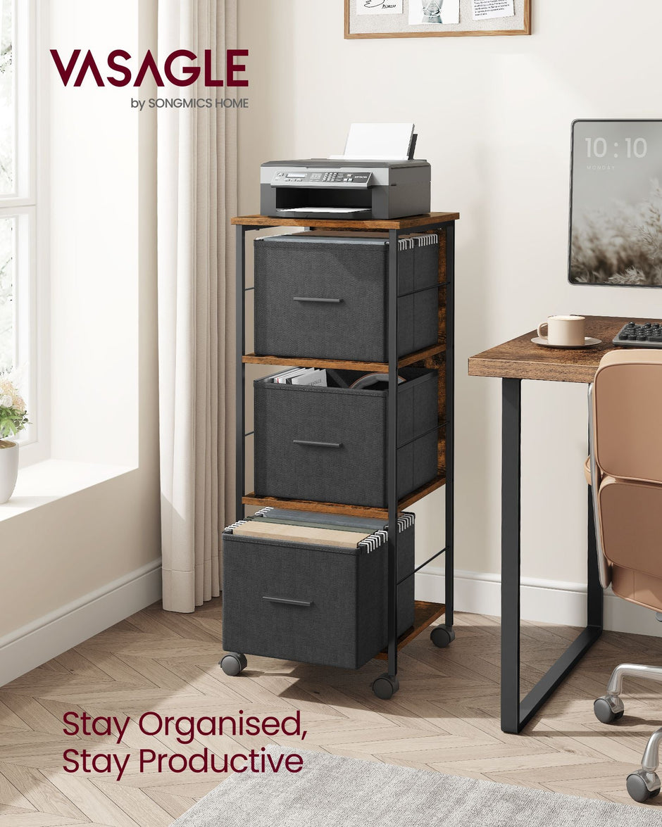 Filing Cabinet – Wood – Rustic Brown and Ink Black – Multi-Functional with 3 Drawers and Bookshelf