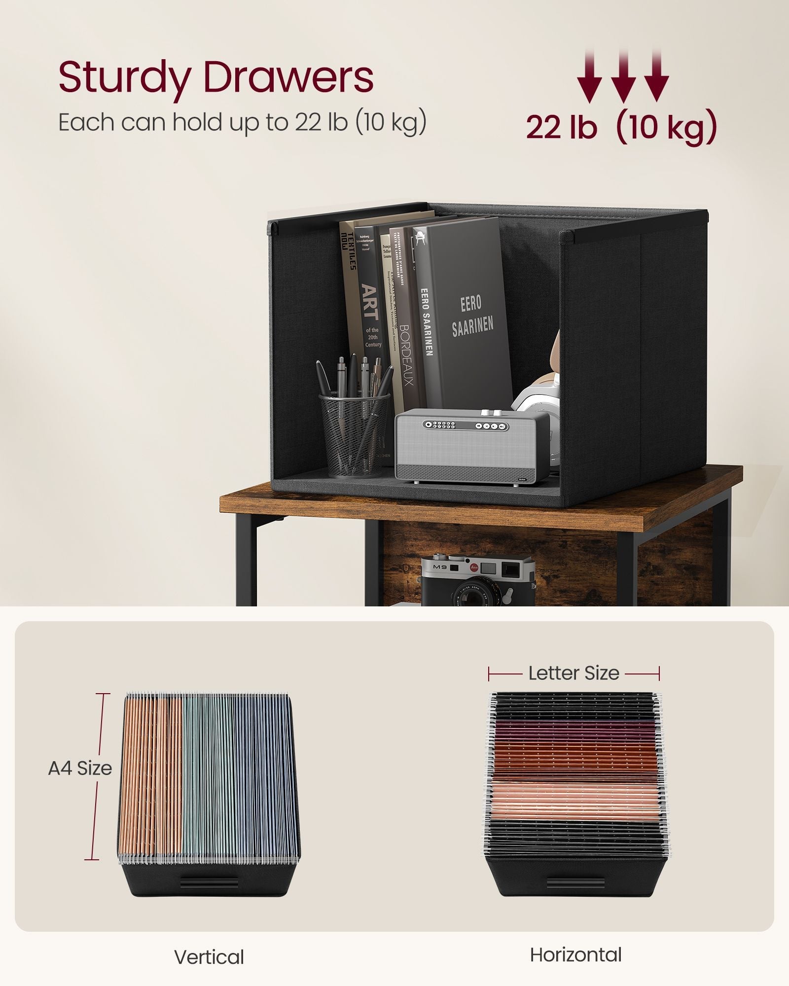 Filing Cabinet – Wood – Rustic Brown and Ink Black – Multi-Functional with 3 Drawers and Bookshelf