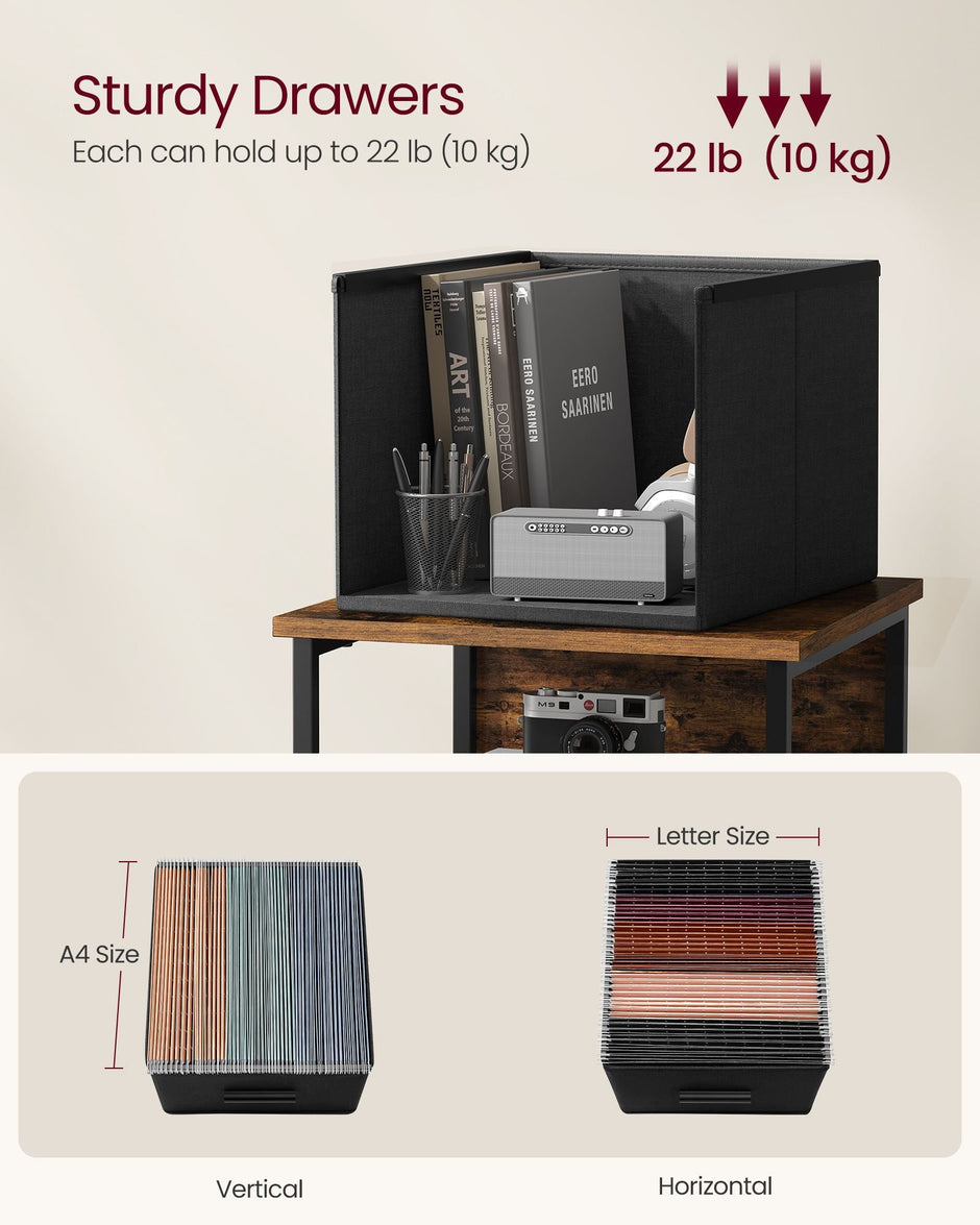 Filing Cabinet – Wood – Rustic Brown and Ink Black – Multi-Functional with 3 Drawers and Bookshelf