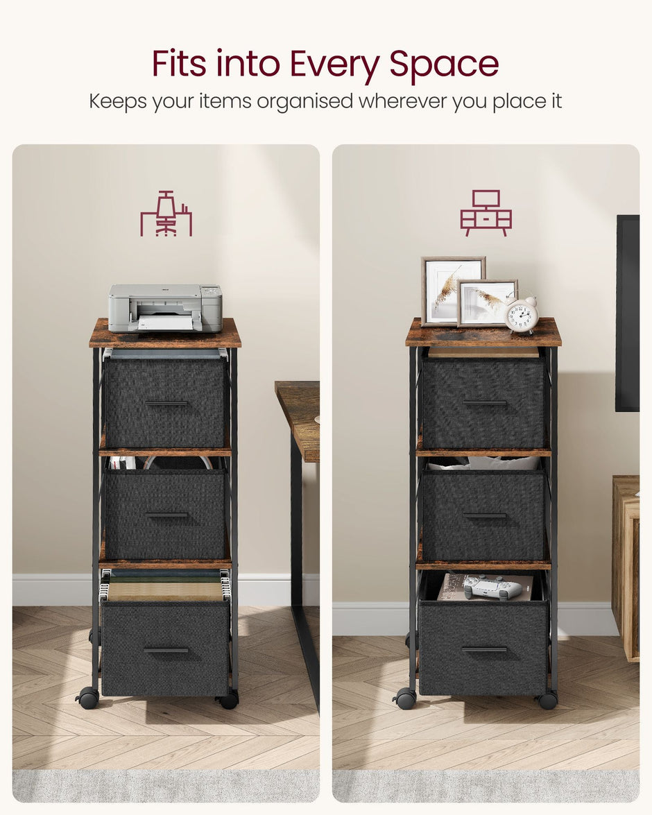 Filing Cabinet – Wood – Rustic Brown and Ink Black – Multi-Functional with 3 Drawers and Bookshelf